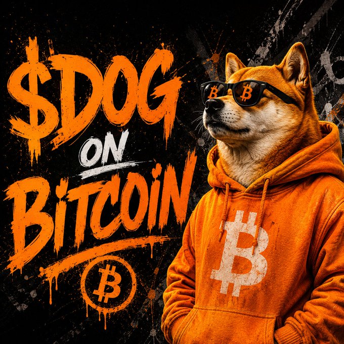 The image shows a Shiba Inu wearing sunglasses and an orange hoodie with the Bitcoin "₿" logo, alongside bold graffiti-style text reading "$DOG ON BITCOIN" and a Bitcoin symbol emblem. The artwork ties into the post's message about "Bitcoin-native culture," using the Shiba (Doge) mascot—a known symbol in the crypto space—paired with Bitcoin imagery to promote $DOG as part of the emerging Bitcoin cultural stack.