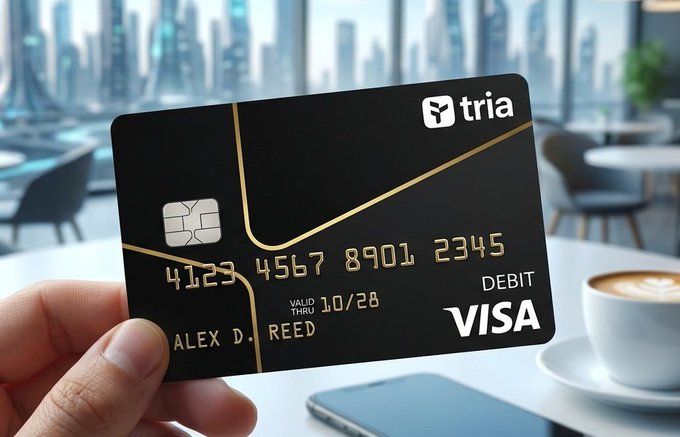 In the image, a person's hand is holding up a black credit card with a gold stripe design. The credit card has the Visa logo on it. There are also two cell phones visible in the scene - one near the top left corner of the image and another towards the bottom right corner.