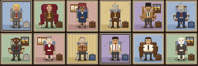 Twelve pixel art character sprites showing various businessmen, officers, and figures sitting in office chairs across different colored backgrounds.