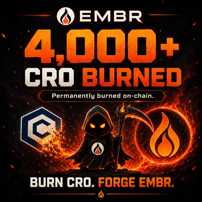A promotional graphic for EMBR displays '4,000+ CRO BURNED' and 'BURN CRO. FORGE EMBR.', featuring a hooded figure with glowing eyes holding a scythe beside the Cronos logo.