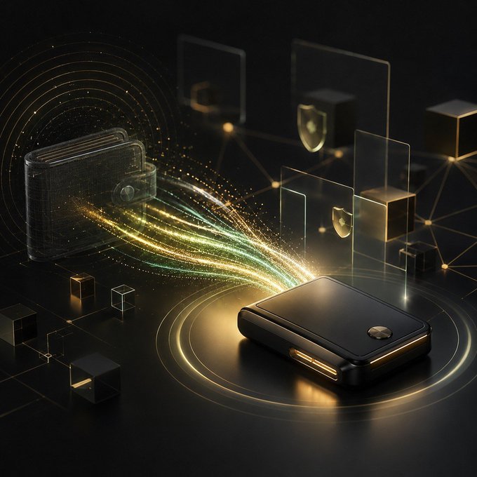 A digital artwork depicting a black wallet emitting golden sparkles and light streams, surrounded by transparent shields and security icons symbolizing digital protection.