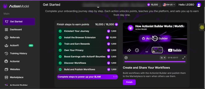 A screenshot of the ActionModel platform's "Get Started" dashboard, showing an onboarding checklist with various steps to earn points, including "Install the Browser Extension" and "Train and Earn Rewards", with a progress bar at 16,000/16,000 points.