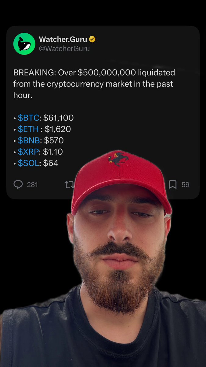 The image features a man wearing a red baseball cap with a picture of a horse on it, and a photo of himself taken at a party on his phone screen. The image also contains an overlay that reads, "BREAKING! Over $500K liquidated from the cryptocurrency market in the past." It is a photo of him with a cowboy hat, which has a horse head on top. In addition to this, there are some numbers and text visible as well.
