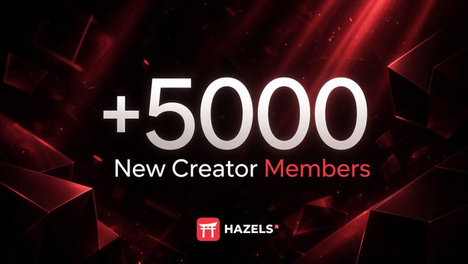A promotional graphic on a dark red background displays '+5000 New Creator Members' in white and red text, with the 'HAZELS' logo at the bottom.