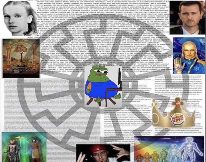 A dense collage featuring multiple images including a man in a suit, classical paintings, a Burger King crown logo, and a green Pepe the Frog character sitting in a director's chair, all layered over pages of text.