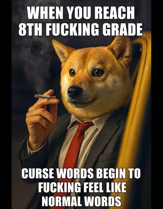 urn of smoke, dog's head and neck, red tie, yellow pole, and text reading "When you reach 8th grade"