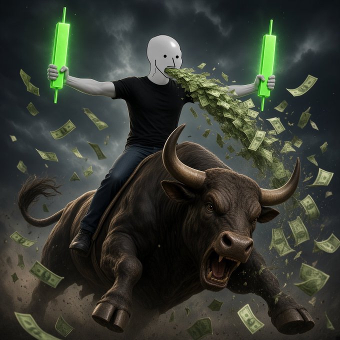The image shows a masked figure riding a massive, charging bull while wielding two glowing green batons and spewing a stream of dollar bills from their mouth, with cash raining down all around. It visually amplifies the post's message by depicting an extreme, almost absurd "bull run" for the $NPC token, using the literal charging bull as a metaphor for surging market momentum.