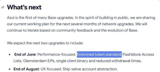 The image focuses on the post discussing the progress of base updates and token launches. The background color of the photo is beige with a gray border, providing an elegant and professional appearance for the content displayed within the image. The title "What's next" indicates that the main focus is on the upcoming projects at base, while two new token updates are being developed. To enhance readability, the text has been split into three lines, allowing for better organization of the information being shared. Additionally, there is a bullet point list providing further details about the upcoming technical milestones. The overall layout and design make it easy to understand and engage with the information presented in the image.