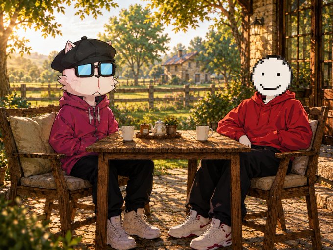 An illustrated scene of two anthropomorphic characters sitting at a wooden table outdoors in a garden setting; one wears a red hoodie, cap, and blue glasses, while the other has a pixelated smiley face.