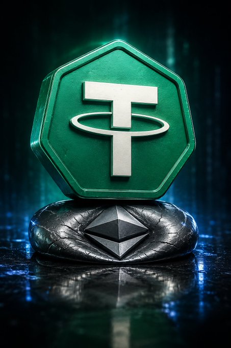 A glowing green Tether (USDT) hexagonal emblem with its signature "T" logo sits atop a metallic Ethereum (ETH) diamond pedestal, symbolizing Tether overtaking Ethereum in market cap with $186.06B versus $185.66B.