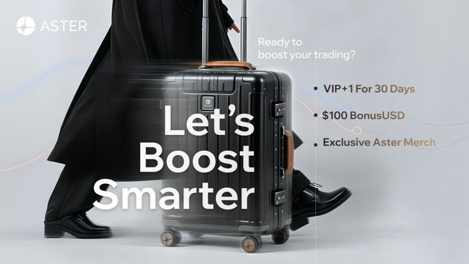 An Aster cryptocurrency promotional banner shows a person in black walking with a rolling suitcase, featuring the text 'Let's Boost Smarter' with offers for 'VIP+1 For 30 Days', '$100 BonusUSD', and 'Exclusive Aster Merch'.