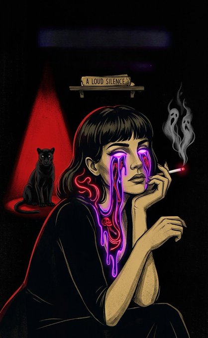 Dark surreal artwork of a smoking woman with glowing purple eyes and neon-like facial streaks, a black cat in red light, and a shelf sign reading “À LOUD SILENCE.”