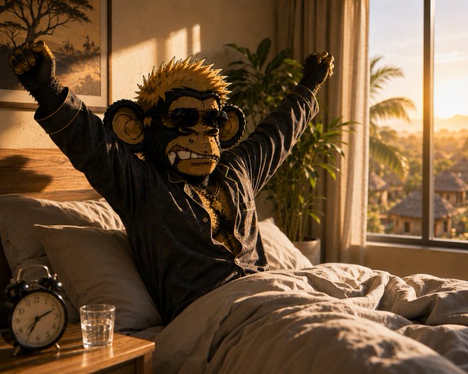 A digitally created scene of a figure wearing a chimpanzee mask with spiky blonde hair and dark sunglasses, stretching their arms upward in bed in a sunlit bedroom overlooking palm trees.