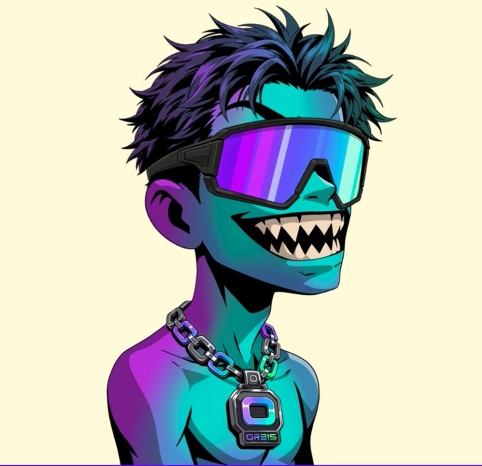 A vibrant digital illustration of a turquoise-skinned character with spiky hair, wearing gradient visor goggles, a chain necklace, and a sharp-toothed grin, labeled 'ORBIS'.