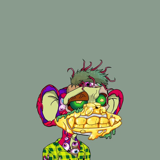 A grotesque cartoon illustration of a mutant character with a large toothy mouth, green spiky hair, multiple eyes on its body, and a tattered green checkered shirt against a plain green background.