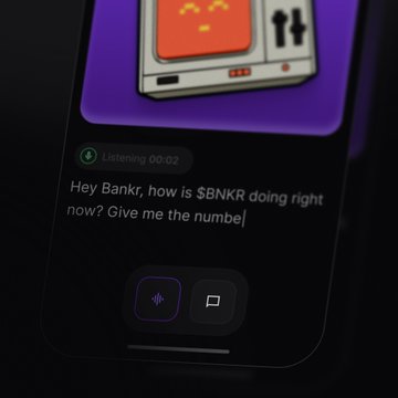 The image shows a cell phone screen with an audio recording or message displayed, which appears to be related to banking services. The text on the screen reads "Hey Bankr, how is $BNKR doing right now? Give me the number?". The background of the image is black and purple, providing contrast for the white text on the phone's screen.