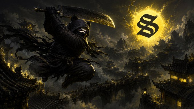 A dark fantasy illustration features a masked ninja warrior leaping with a large curved blade above an ancient Asian city, with a glowing yellow 'S' symbol in the sky.