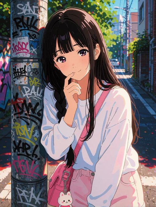 An anime-style illustration of a young girl with long black hair in a braid, wearing a white top and pink overalls with a cat keychain, posing thoughtfully next to a graffiti-covered pole on a sunny street.
