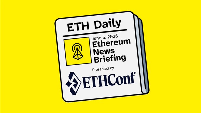 The image features a yellow sign with black text that says "ETH Daily" at the top of the frame, followed by information about an event happening in June 5th. The main part of the image shows a graphic design featuring a gray square containing a white text box labeled "Ethereum News Briefing". The overall layout is simple and clear, and it seems to be related to a current news or event involving cryptocurrency and Bitcoin.
