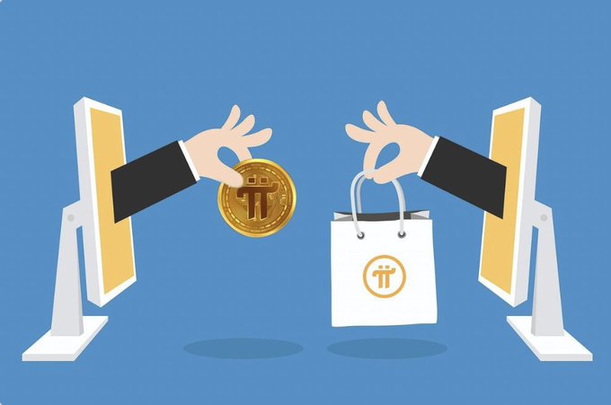 An illustration showing two hands emerging from computer monitors against a blue background, with one hand holding a gold Pi cryptocurrency coin and the other holding a white shopping bag with the Pi logo, depicting online Pi coin transactions.