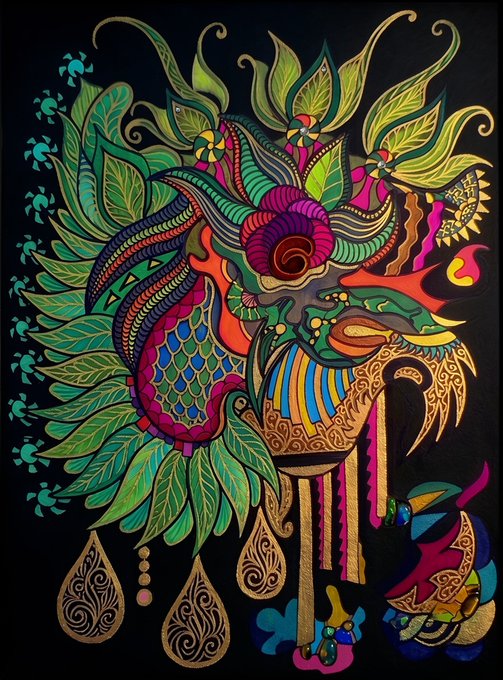 A colorful, intricate decorative artwork featuring a stylized bird or floral design with vibrant green, pink, blue, and gold details on a black background.