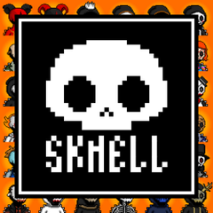 A pixel art image featuring a white skull on a black background with the text 'SKELL' below it, surrounded by an orange border with small character sprites.