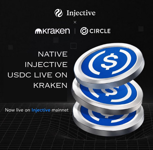 A promotional graphic reading "NATIVE INJECTIVE USDC LIVE ON KRAKEN Now live on Injective mainnet" featuring Injective, Kraken, and Circle logos alongside stacked USDC coins.