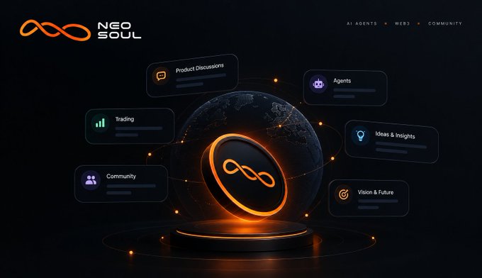 A dark promotional graphic for 'NEO SOUL' featuring an infinity-style logo, a globe, and floating menu items including 'Product Discussions', 'Agents', 'Trading', 'Ideas & Insights', 'Community', and 'Vision & Future'.