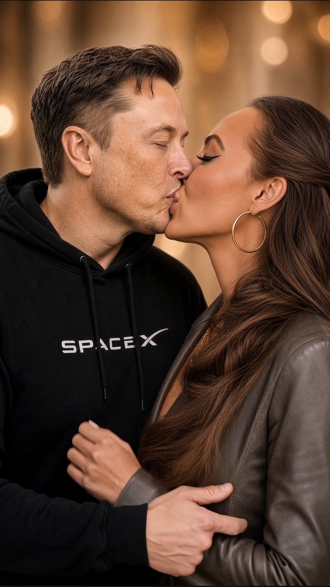 An image depicting Elon Musk in a SpaceX hoodie kissing a woman in a leather jacket against a warm, bokeh background.