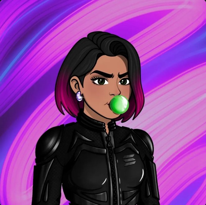 A digital illustration of a woman with dark hair and pink highlights blowing a green bubblegum bubble, wearing a black armored suit against a swirling pink and purple background.