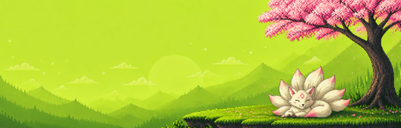 A bright green digital illustration of a cute pink and white fox-like creature with multiple tails resting under a blooming cherry blossom tree on a cliff overlooking mountains.