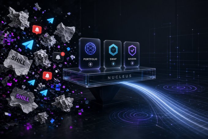 A digital promotional graphic labeled 'NUCLEUS' shows three glowing tiles for 'PORTFOLIO', 'SWAP', and 'GOVERN' amid floating Telegram icons and crumpled papers reading 'SHILL'.