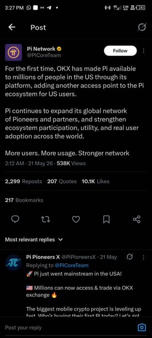 A screenshot of a Pi Network tweet from @PiCoreTeam dated May 21, 2024, announcing that OKX has made Pi available to millions of US users for the first time, with 538K views, 2,299 reposts, and 10.1K likes. The post highlights concerns about listing Pi on major exchanges like OKX, Bitget, Gate.IO, and Kraken, questioning how these KYB-verified platforms could be associated with "fake Pi."