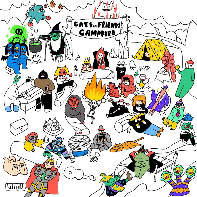 A colorful doodle illustration titled 'CATS AND FRIENDS CAMPFIRE' featuring numerous quirky cartoon characters gathered around a campfire with a 'TRUMP WALL' on the right side.