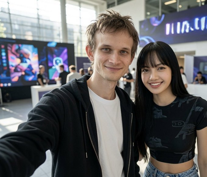 Two attendees take a selfie at what appears to be a tech or crypto conference, with displays and a partial "ETHD" logo visible behind them—tying into the "gm $ETH" post.