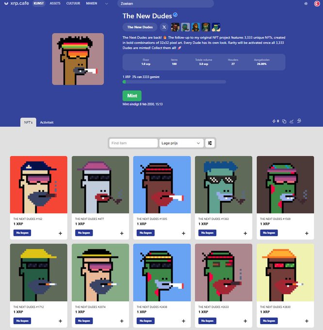 An XRP Cafe NFT collection page displays 'The New Dudes' project featuring 3,333 unique pixel-art character NFTs priced at 1.0 XRP, with a gallery of various pixel characters below.
