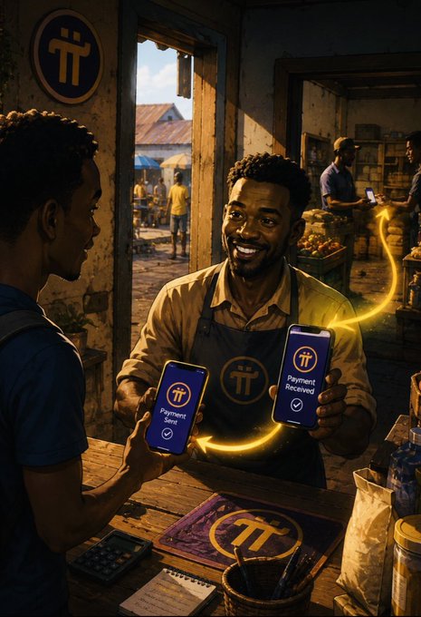 A friendly shopkeeper smiles while using a Pi Network app to process a payment from a customer, with both phones displaying "Payment Sent" and "Payment Received" alongside the Pi (π) logo, illustrating the real-world utility of peer-to-peer Pi transactions connecting people globally.