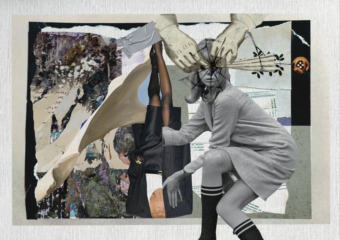 An artistic collage featuring a grayscale image of a girl in a skirt, overlaid with paint splatters, torn paper textures, and illustrated hands reaching toward her face.