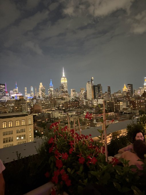 A nighttime view of the New York City skyline, featuring the illuminated Empire State Building, seen from a rooftop with potted red flowers in the foreground.