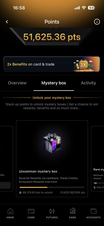 Mobile screenshot of a crypto app's Points section showing 51,625.36 pts with a 'Mystery box' tab displaying an Uncommon mystery box requiring 68,374.63 pts to unlock.