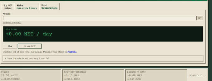 A screenshot of the NET staking interface shows a balance of 29.59 staked NET ($48,809.93 USD) earning +0.13 NET daily, reflecting the user's recent decision to stake $NET on what they describe as having "elite ponzinomics" reminiscent of DeFi summer.