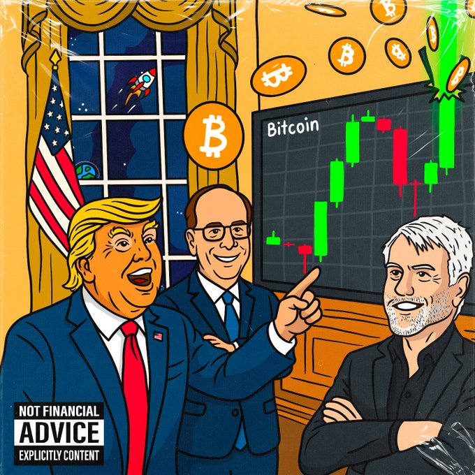 A cartoon illustration shows figures resembling Donald Trump, a suited businessman, and Michael Saylor standing in front of a Bitcoin price chart displaying a sharp green surge, with Bitcoin logos floating overhead and a rocket launching from a window framed by an American flag. The caption "NOT FINANCIAL ADVICE / EXPLICITLY CONTENT" appears in the lower left, visually reinforcing the post's theme of Bitcoin reaching a powerful, White House-level status.