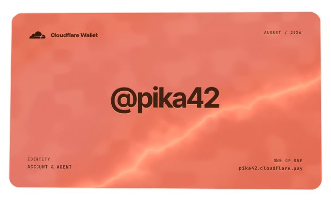 A coral/orange Cloudflare Wallet card for the account '@pika42', labeled as 'ACCOUNT & AGENT', dated August 2026, with the URL pika42.cloudflare.pay.