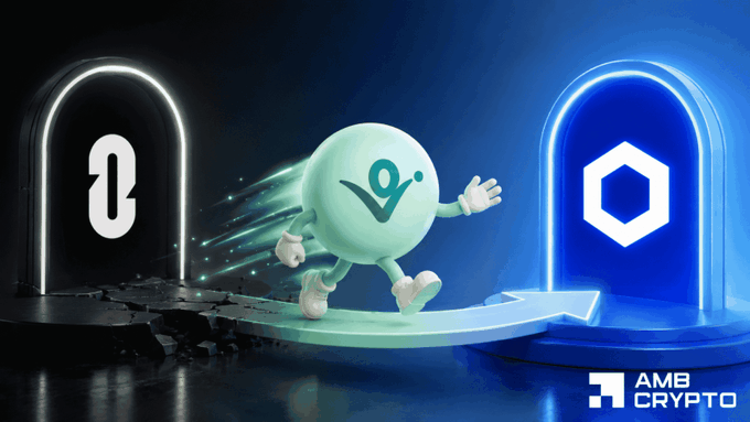 The image shows a cartoon character with a blue body and white head running past a black gate into a blue building. The gate has a white hexagon on top, possibly related to Chainlink or other token infrastructure involving Cryptocurrency. The background of the image is dark, which gives prominence to the central focus - the main character coming towards us from the left side of the frame. Below the character and above it, there are two white boxes, one in front and the other behind, possibly representing virtuals moving or transferring funds between various Blockchain platforms.