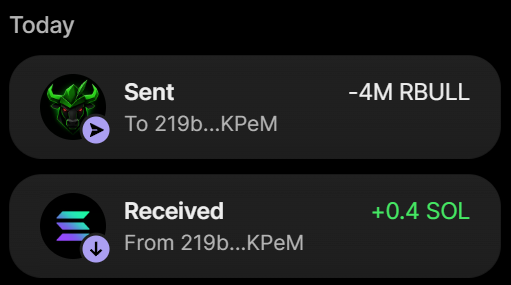 A wallet interface showing a "Sent" transaction of -4M RBULL and a "Received" transaction of +0.4 SOL from/to address 219b...KPeM, confirming the completion of the 4 million $RBULL purchase for 0.4 SOL as advertised.