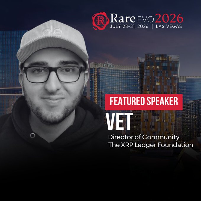 A promotional graphic for Rare EVO 2026 (July 28-31, 2026 in Las Vegas) featuring featured speaker 'VET', Director of Community at The XRP Ledger Foundation.