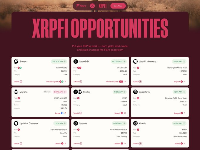 The image shows a Flare ecosystem dashboard titled "XRPL Opportunities" listing various DeFi platforms (Enosys, SparkDEX, Upshift + Moneq, Morpho, Mystic, Superform, Upshift + Clearstar, Specta, and Kinetic) with their APY rates, TVL figures, and supported services for yield, lending, trading, and staking XRP.

The post asks "What's missing from this page for you?" — implying the user is seeking feedback on what additional XRPL DeFi opportunities, platforms, or data (such as other protocols, yield aggregators, or metrics) should be included to make this resource more complete.