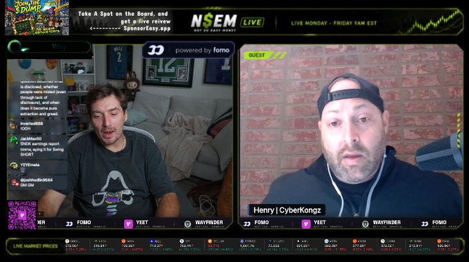 A live sports and gaming stream titled "NSEM LIVE" hosted by "Woy" features an interview with guest "Henry | CyberKongz," showing live market prices along the bottom and a chat on the left side discussing topics related to NFTs and gaming, matching the post about discussing "all things Kongz."