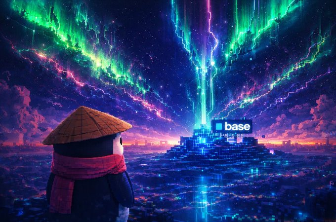 A fantasy digital artwork showing a figure in a conical hat and red scarf viewing a glowing futuristic pyramid labeled 'base alludes' amid dramatic green and purple aurora skies and lightning over a city.