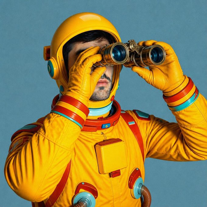 A man wearing a yellow retro-futuristic spacesuit and helmet, holding brass binoculars to his eyes against a solid blue background.